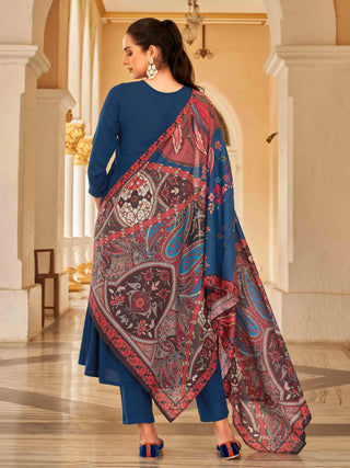 Royal Blue Muslin Tonal with Sequins Embroidered A Line Alia Cut Suit Set with Poly Silk Printed Dupatta