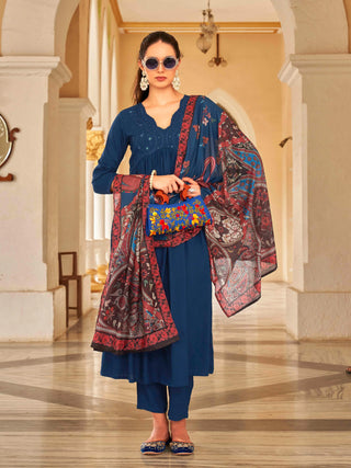 Royal Blue Muslin Tonal with Sequins Embroidered A Line Alia Cut Suit Set with Poly Silk Printed Dupatta