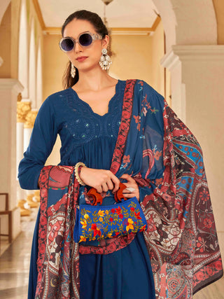 Royal Blue Muslin Tonal with Sequins Embroidered A Line Alia Cut Suit Set with Poly Silk Printed Dupatta