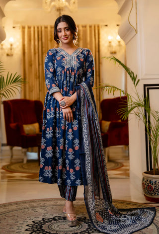 Blue Viscose Printed & Embroidered Suit Set with Chanderi Cotton Dupatta