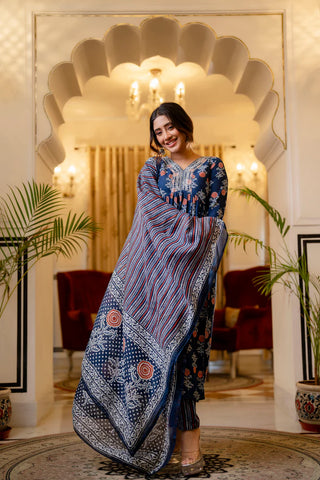 Blue Viscose Printed & Embroidered Suit Set with Chanderi Cotton Dupatta