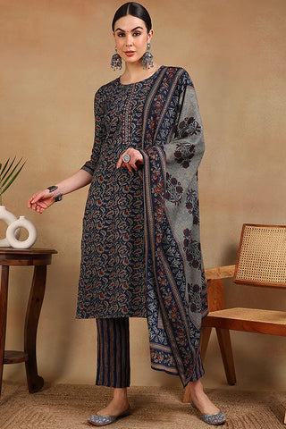 Blue Viscose Rayon Floral Print Straight Shape Suit Set with Dupatta