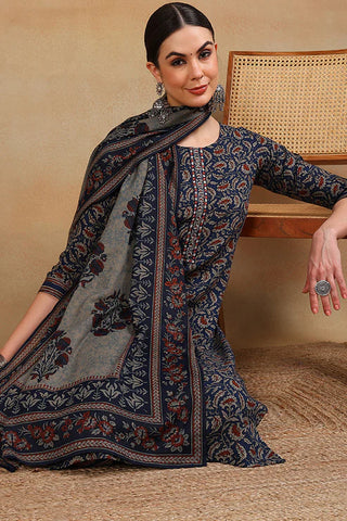 Blue Viscose Rayon Floral Print Straight Shape Suit Set with Dupatta