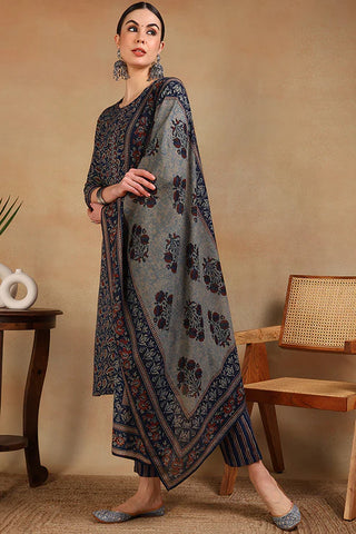 Blue Viscose Rayon Floral Print Straight Shape Suit Set with Dupatta