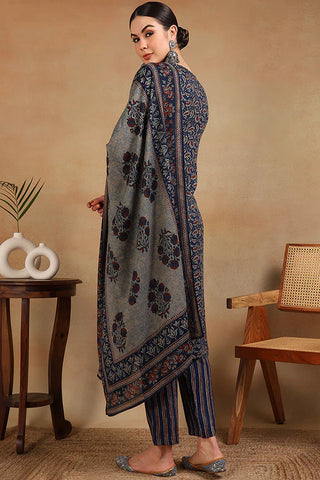 Blue Viscose Rayon Floral Print Straight Shape Suit Set with Dupatta