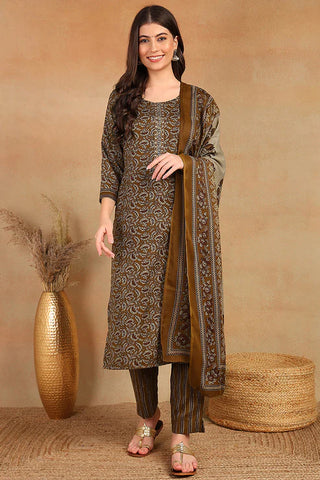 Brown Cotton Blend Ethnic Motif Printed Straight Shape Suit Set with Printed Dupatta