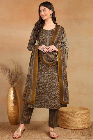 Brown Cotton Blend Ethnic Motif Printed Straight Shape Suit Set with Printed Dupatta