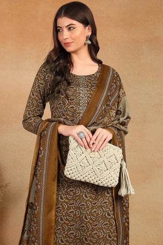 Brown Cotton Blend Ethnic Motif Printed Straight Shape Suit Set with Printed Dupatta