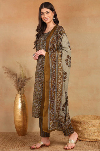 Brown Cotton Blend Ethnic Motif Printed Straight Shape Suit Set with Printed Dupatta