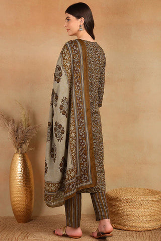 Brown Cotton Blend Ethnic Motif Printed Straight Shape Suit Set with Printed Dupatta