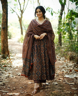 Brown Viscose Printed Anarkali Style Suit Set with Chanderi Cotton Dupatta