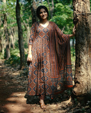 Brown Viscose Printed Anarkali Style Suit Set with Chanderi Cotton Dupatta