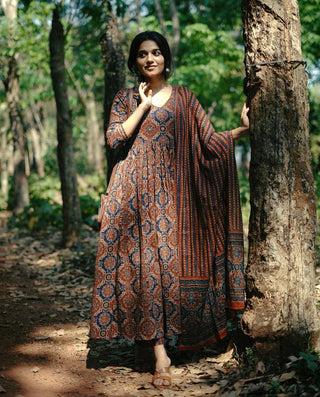 Brown Viscose Printed Anarkali Style Suit Set with Chanderi Cotton Dupatta