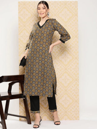 Brown & Black Geometric Print Kurta Trouser Set