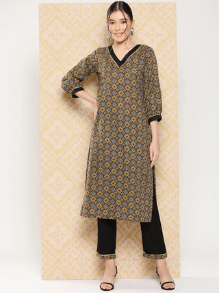 Brown & Black Geometric Print Kurta Trouser Set