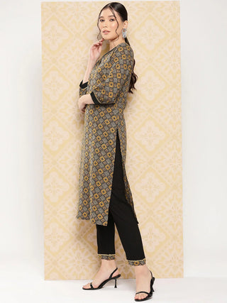 Brown & Black Geometric Print Kurta Trouser Set