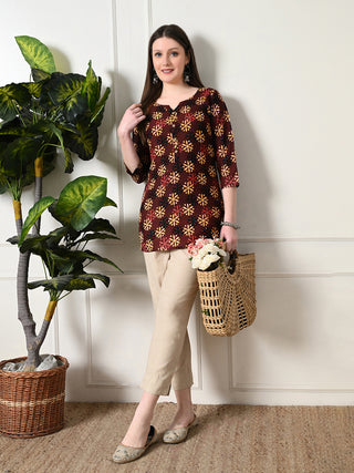 Brown Cotton Geometric Print Short Kurta