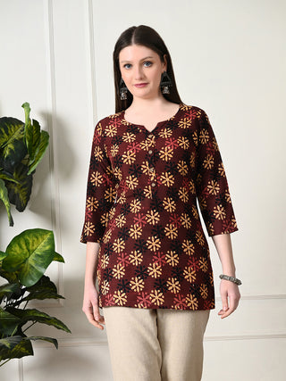 Brown Cotton Geometric Print Short Kurta