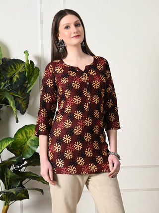 Brown Cotton Geometric Print Short Kurta