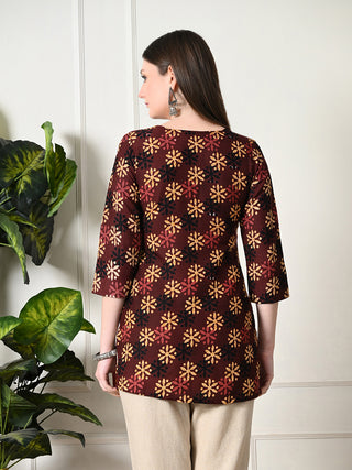 Brown Cotton Geometric Print Short Kurta