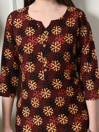 Brown Cotton Geometric Print Short Kurta