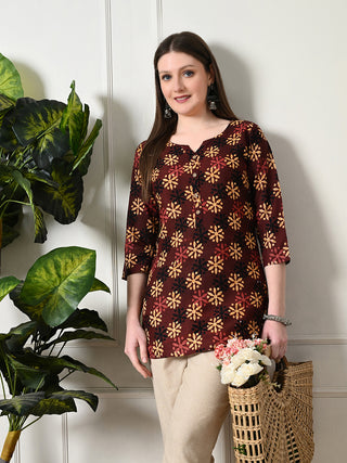 Brown Cotton Geometric Print Short Kurta