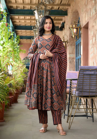 Brown Viscose Printed & Embroidered Anarkali Shape Suit Set with Chanderi Cotton Dupatta