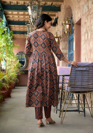 Brown Viscose Printed & Embroidered Anarkali Shape Suit Set with Chanderi Cotton Dupatta