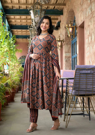 Brown Viscose Printed & Embroidered Anarkali Shape Suit Set with Chanderi Cotton Dupatta