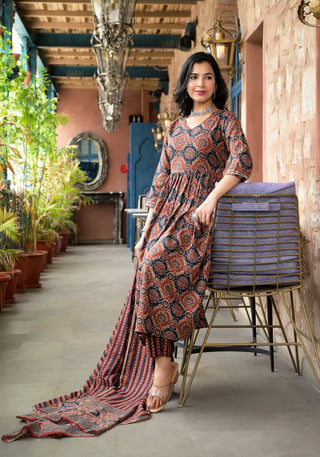 Brown Viscose Printed & Embroidered Anarkali Shape Suit Set with Chanderi Cotton Dupatta