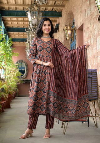 Brown Viscose Printed & Embroidered Anarkali Shape Suit Set with Chanderi Cotton Dupatta