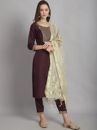 Burgandy Viscose Yoke Detailing Suit Set with Chanderi Cotton Dupatta