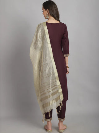 Burgandy Viscose Yoke Detailing Suit Set with Chanderi Cotton Dupatta