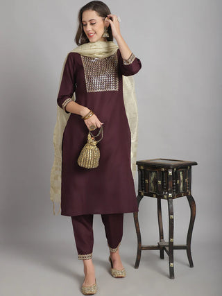 Burgandy Viscose Yoke Detailing Suit Set with Chanderi Cotton Dupatta