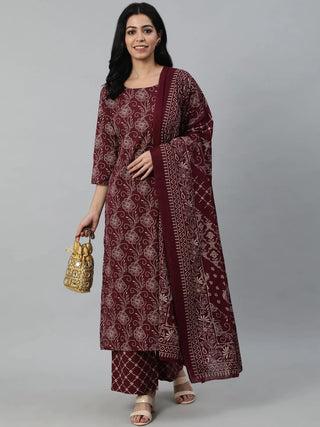 Burgundy & Beige Pure Cotton Motif Printed Suit Set with Dupatta