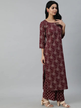 Burgundy & Beige Pure Cotton Motif Printed Suit Set with Dupatta