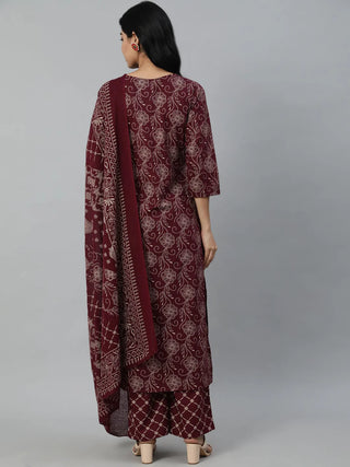 Burgundy & Beige Pure Cotton Motif Printed Suit Set with Dupatta