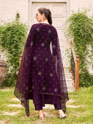 Burgundy Solid Poly Crepe A Line Suit Set with Net Zari Dupatta