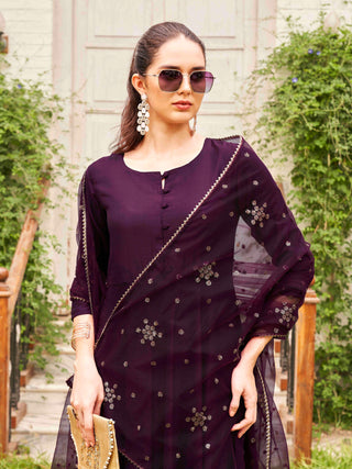 Burgundy Solid Poly Crepe A Line Suit Set with Net Zari Dupatta