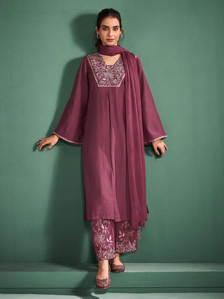 Burgundy Chanderi Embroidered Suit Set with Chiffon Dupatta