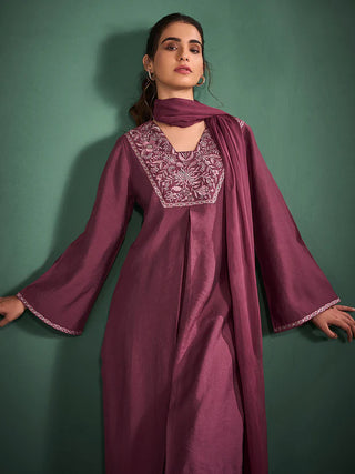 Burgundy Chanderi Embroidered Suit Set with Chiffon Dupatta