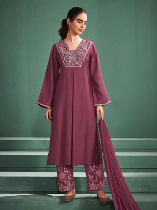 Burgundy Chanderi Embroidered Suit Set with Chiffon Dupatta