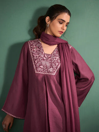 Burgundy Chanderi Embroidered Suit Set with Chiffon Dupatta