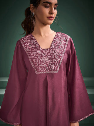 Burgundy Chanderi Embroidered Suit Set with Chiffon Dupatta