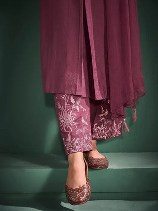 Burgundy Chanderi Embroidered Suit Set with Chiffon Dupatta