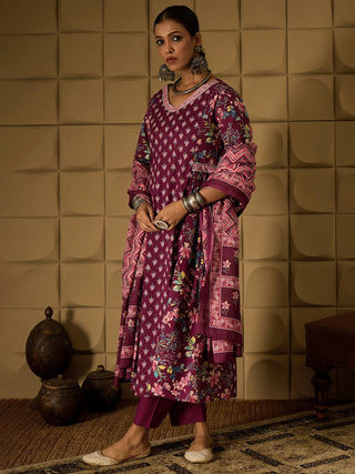 Burgundy Pure Cotton Printed A Line Suit Set with Dupatta