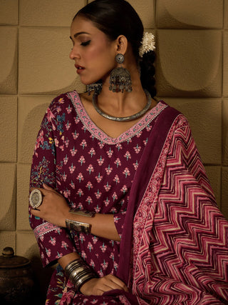 Burgundy Pure Cotton Printed A Line Suit Set with Dupatta