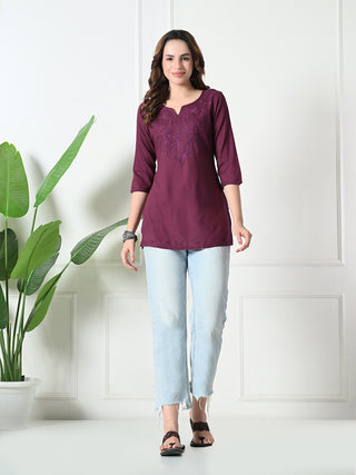 Burgundy Rayon Embroidered Short Kurta