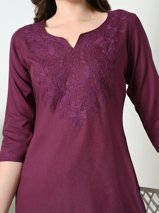 Burgundy Rayon Embroidered Short Kurta