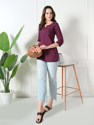 Burgundy Rayon Embroidered Short Kurta